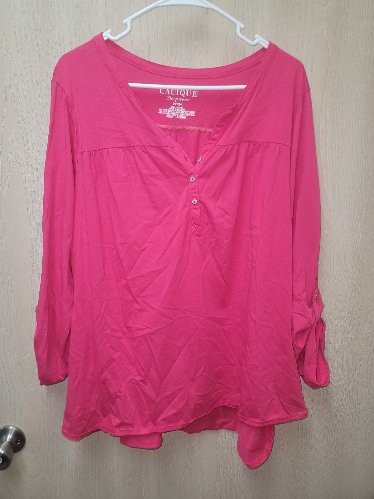 New Cacique Pink Relaxed Fit 3/4 Sleeve Button Sleepwear Pajama Top Size 22/24