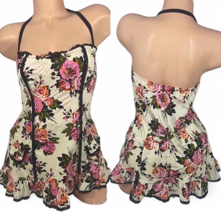 Betsey Johnson Gypsy Rose Floral Swim Dress Coverup Hip Tie Bottoms M