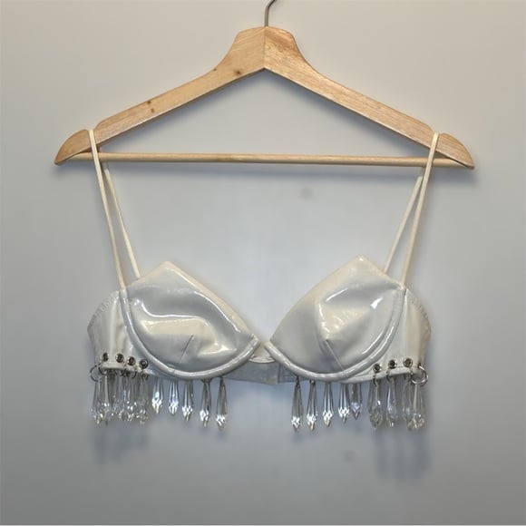 Kiki Riki White Vinyl Small Bra With Dangling  Crystals