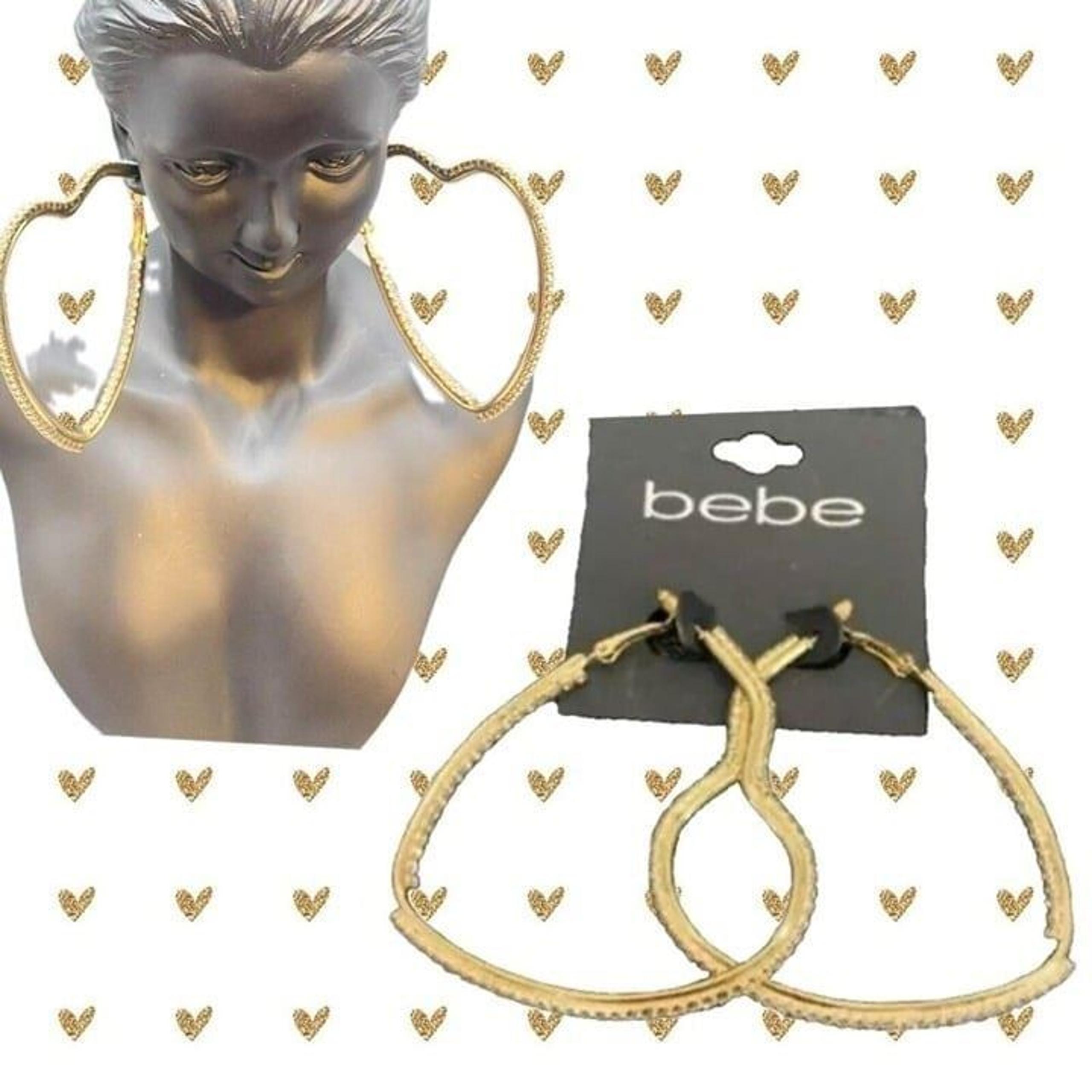 Bebe Large Gold-Tone Pave Detail Framed Heart Shaped Hoop Hinge Closure Earrings