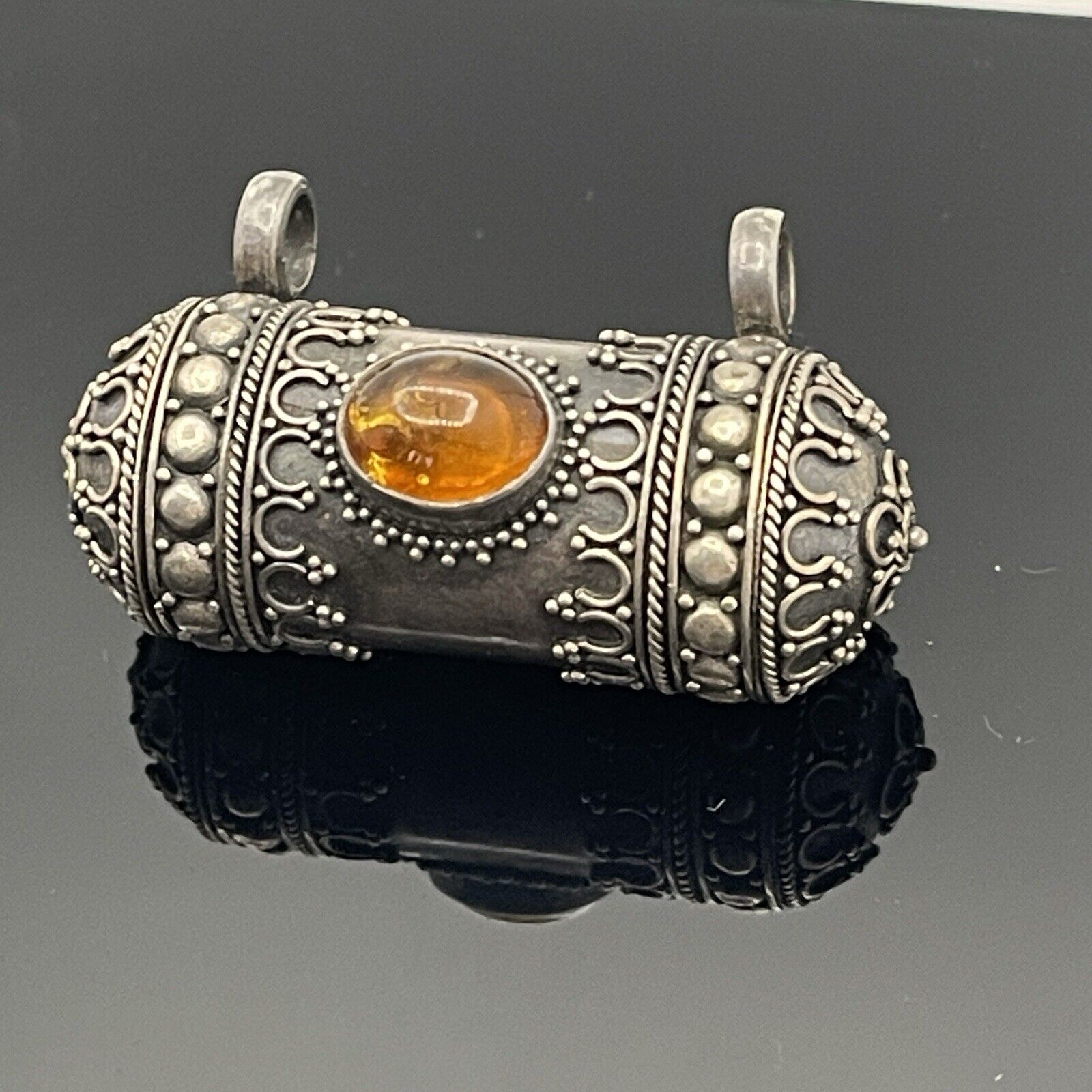 Unique Sterling Silver Etruscan Style Tube Container Tribal Pendant with Amber