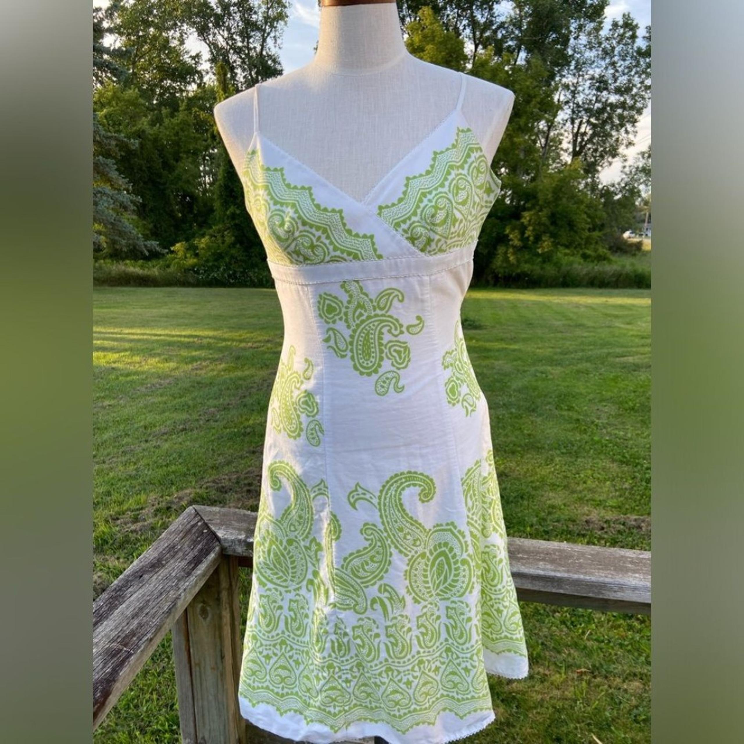 Ann Taylor White + Green Paisley Floral Sun Dress Women's Size 0 Vneck Fitted