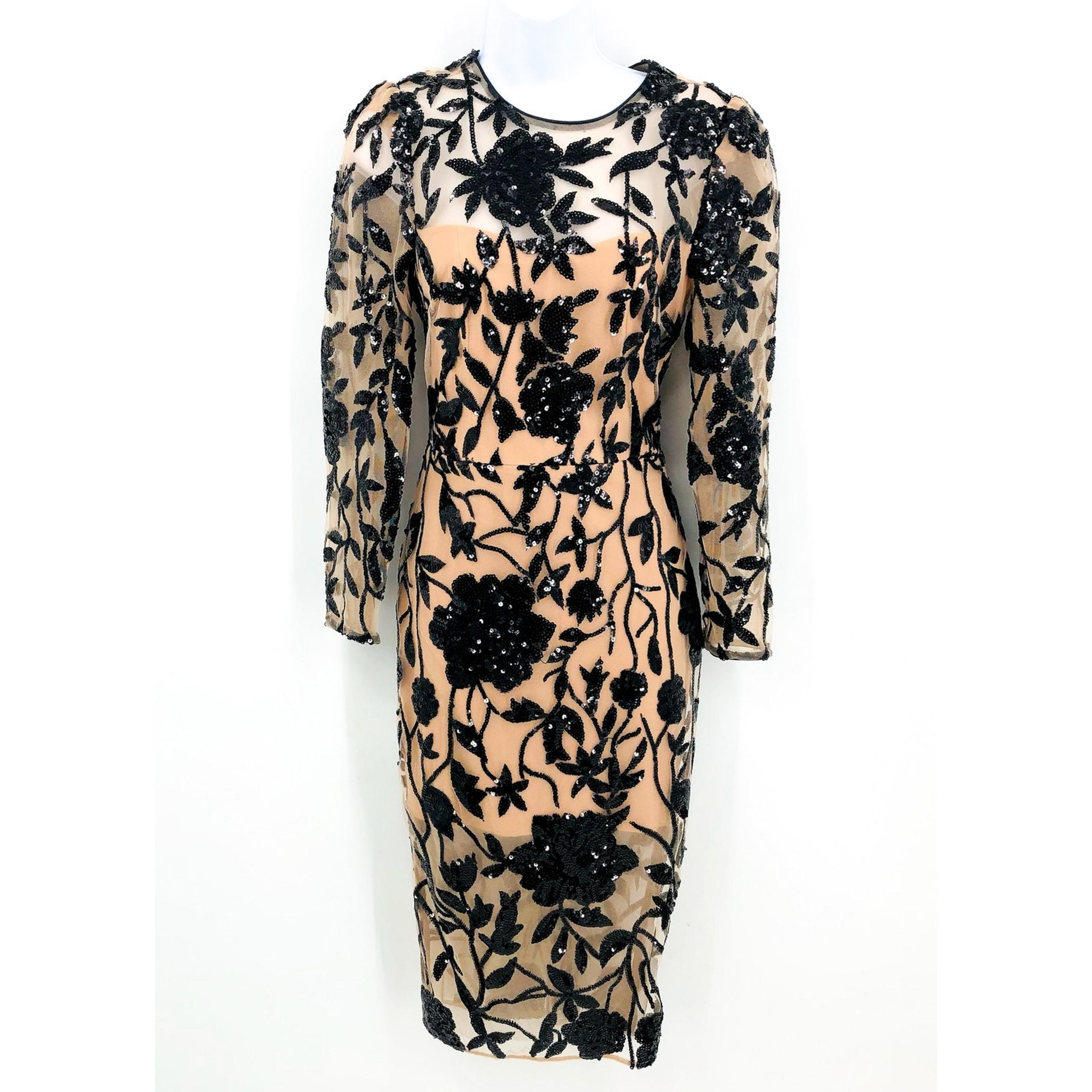 DRESS THE POPULATION Tulle Illusion Sequin Midi Dress Small Tan Black NWOT