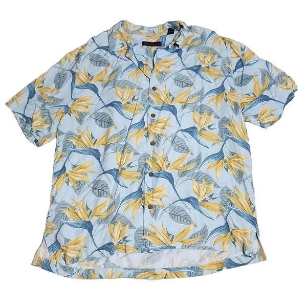 Reyn spooner blue yellow birds of paradise short sleeve button down shirt