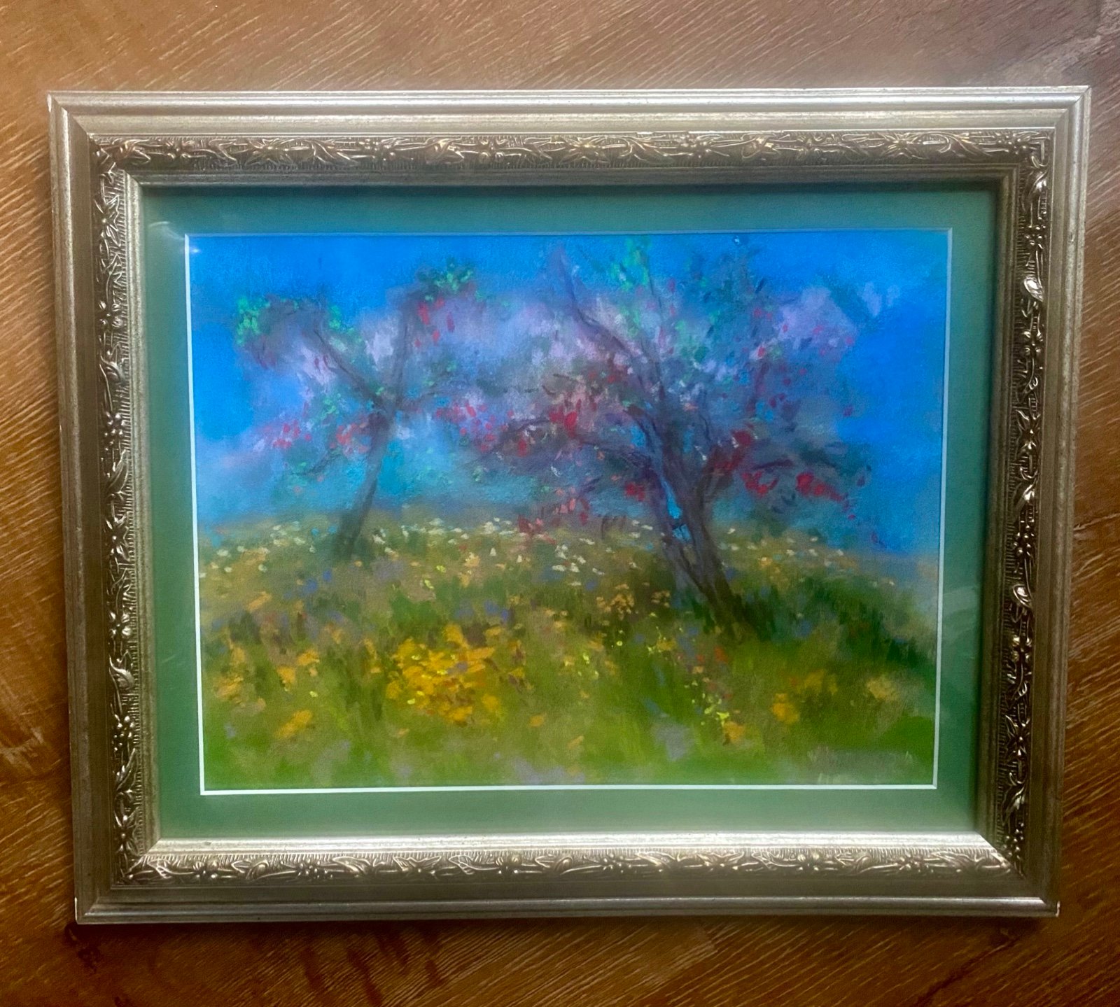 Original Signed Framed Spring Orchard Oil Pastel Painting
