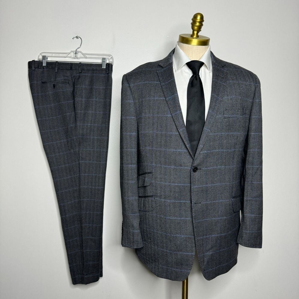 Tiglio Luxe Suit 42R (56 it) 34W Mens Italy Check Tweed Herringbone Gray Wool