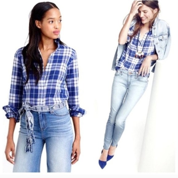 J. Crew Perfect Blue Crinkle Plaid Long Sleeve Shirt Size 4