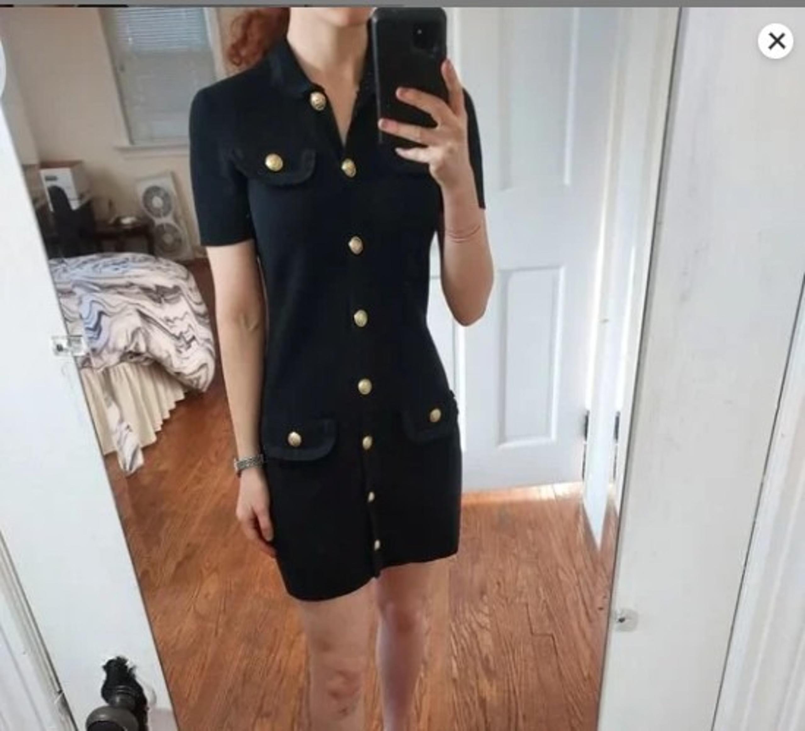 Maje Black Gold Button Collar Short Sleeve Dress