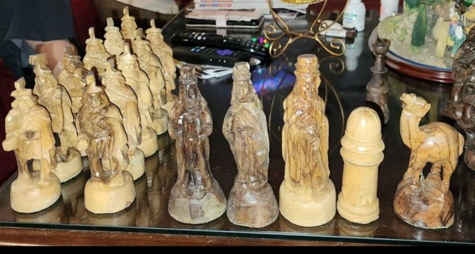 Vintage Hand Carved Olive Wood Chess Pieces