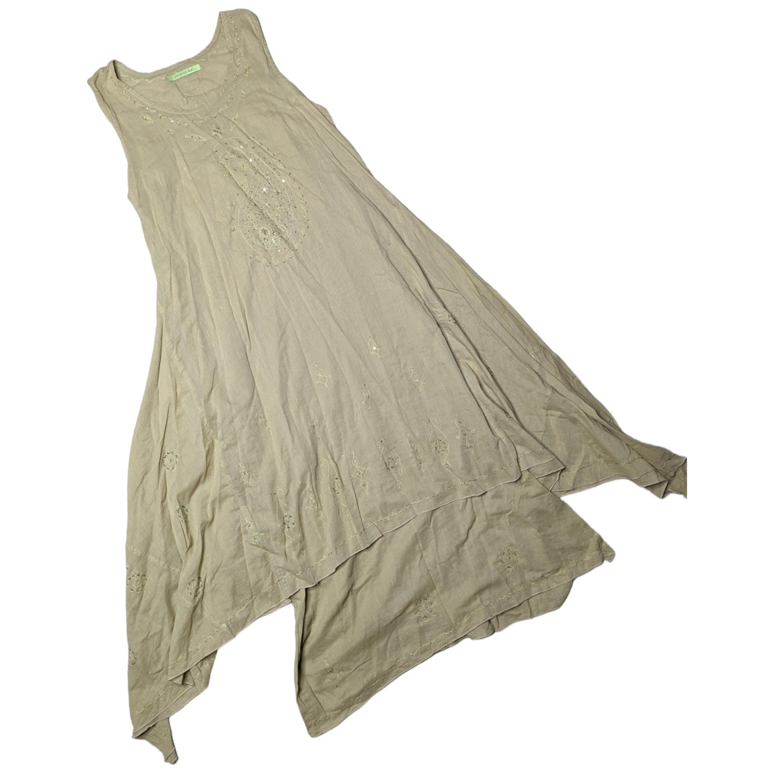 Vtg Y2K Jacques Ruc Spring Green Fairycore Embroidered Draped Hem Maxi Dress L