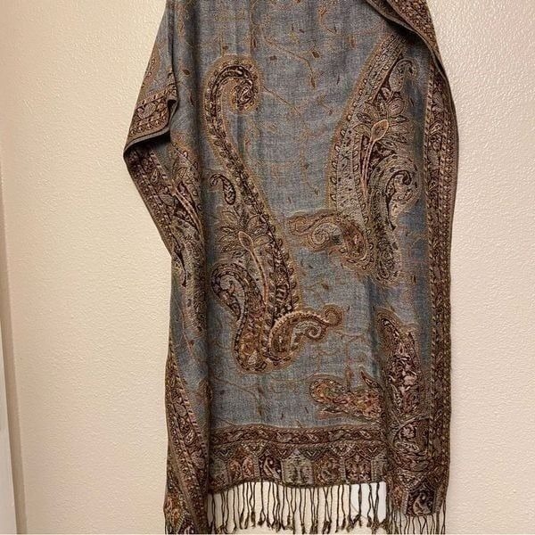 Light blue paisley embroidered scarf Cape wrap poncho shawl shrug fringe 74x28