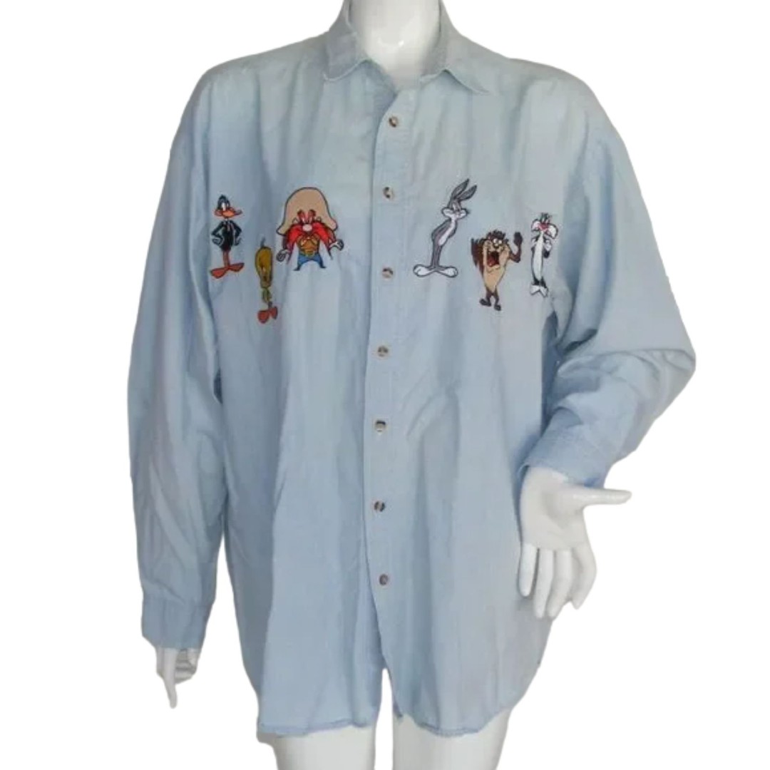 ACME Clothing Shirt L/XL, Chambray, Bugs, Daffy, Tweety, Sylvester, Sam, VINTAGE