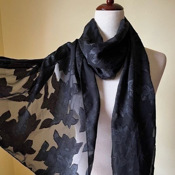 Vintage Black Floral Scarf Wrap Sheer Burnout Silky Boho Witchy Goth Widow