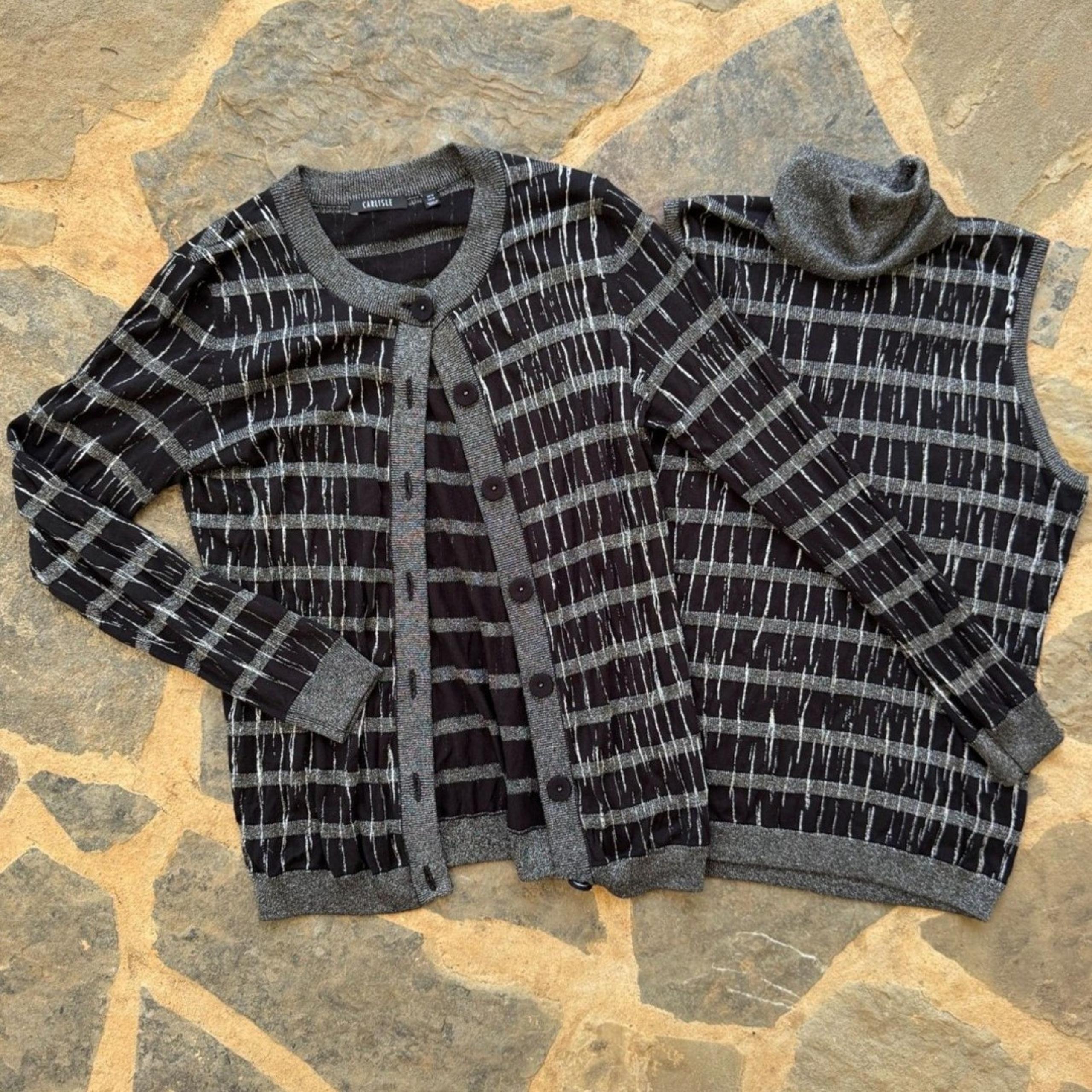 Metallic Black and Silver Cardigan Sweater Set Turtleneck