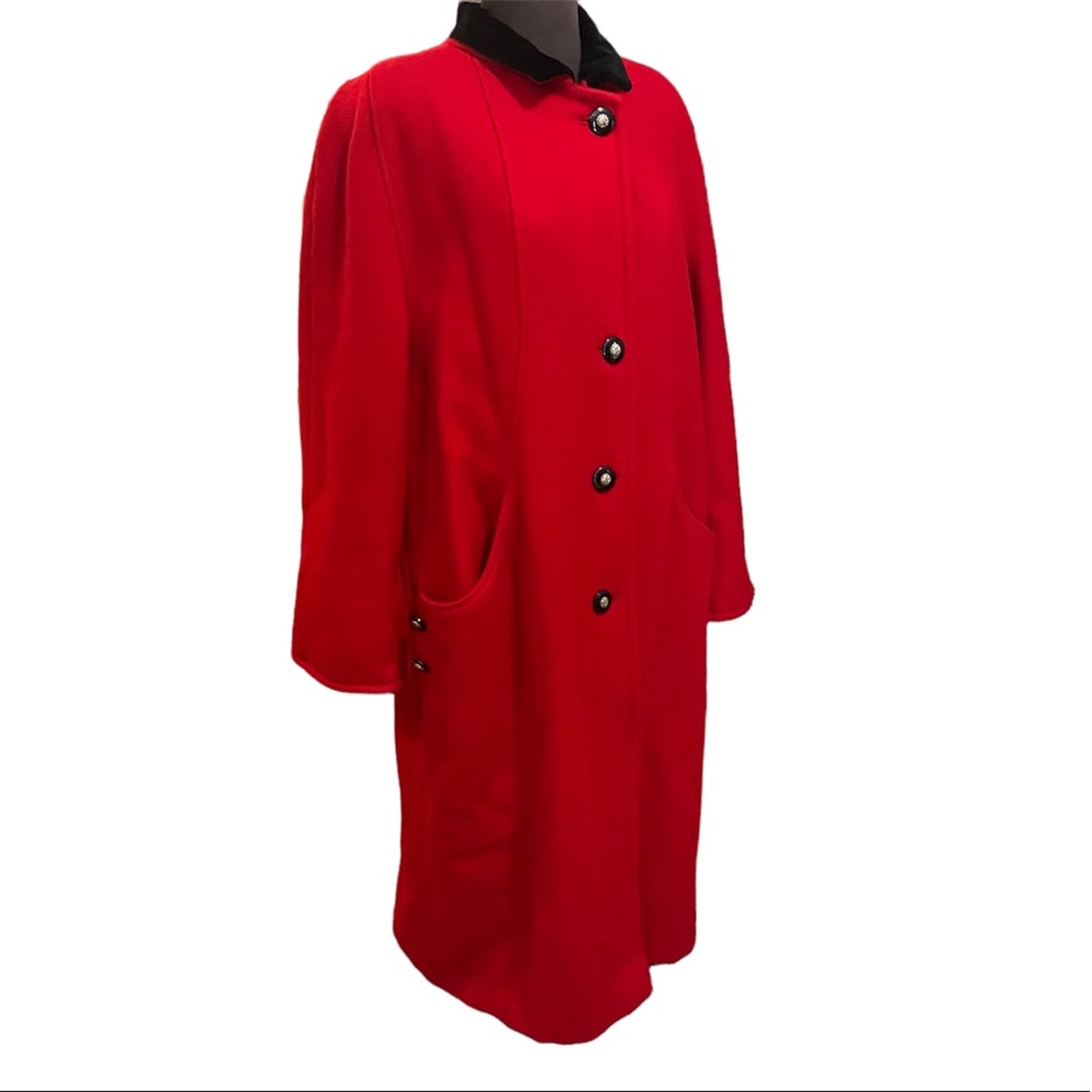 Vtg Wool Red Regency Velvet Collar Old Money lLuxury Timeless Midi Peacoat L