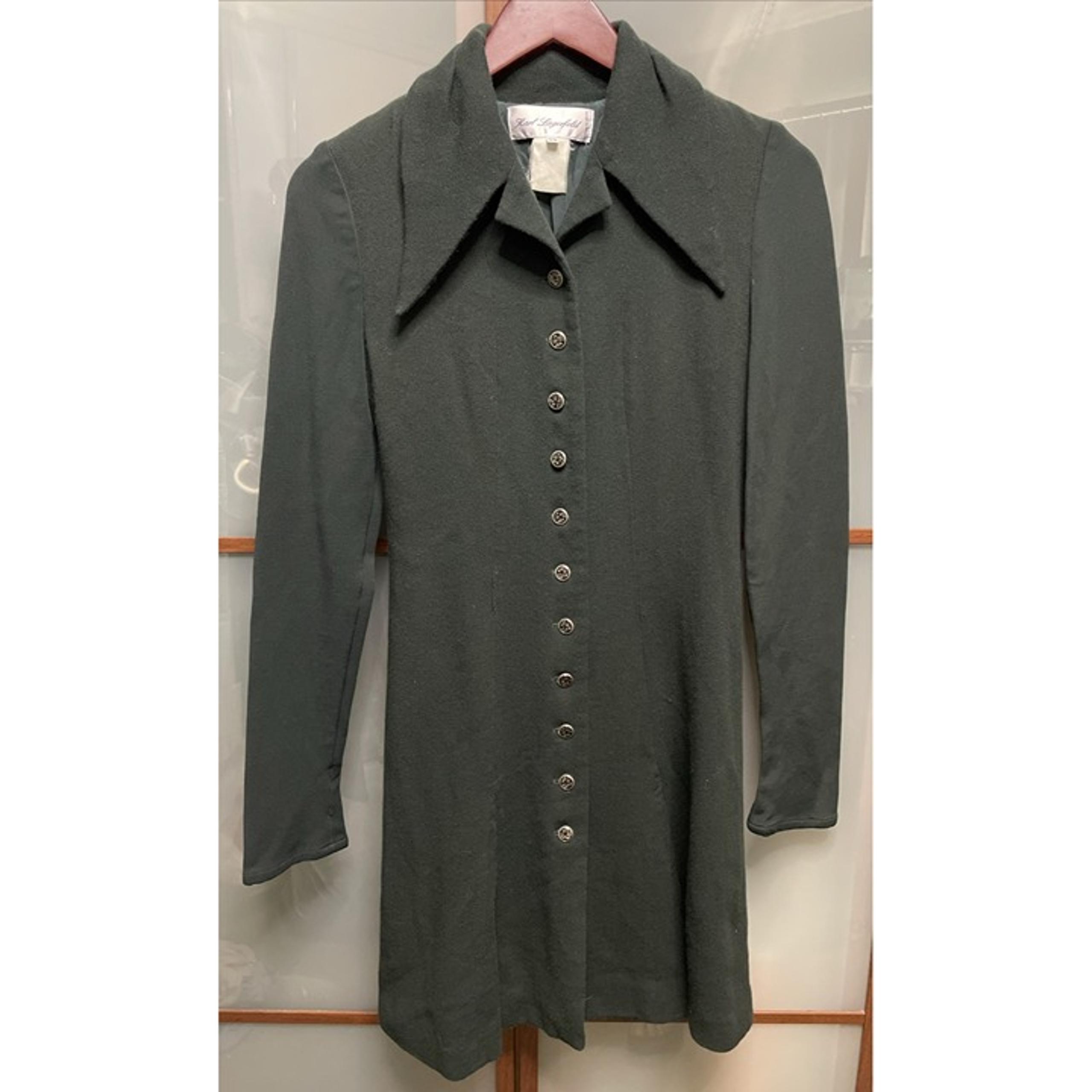 Karl Lagerfeld France Vintage 90s Dark Green Button Up Wool Knit Shirt Dress 38