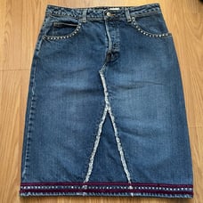 Vintage Gap Denim Fringe Midi Skirt Women’s Size 8 Button Fly Made in USA Y2K
