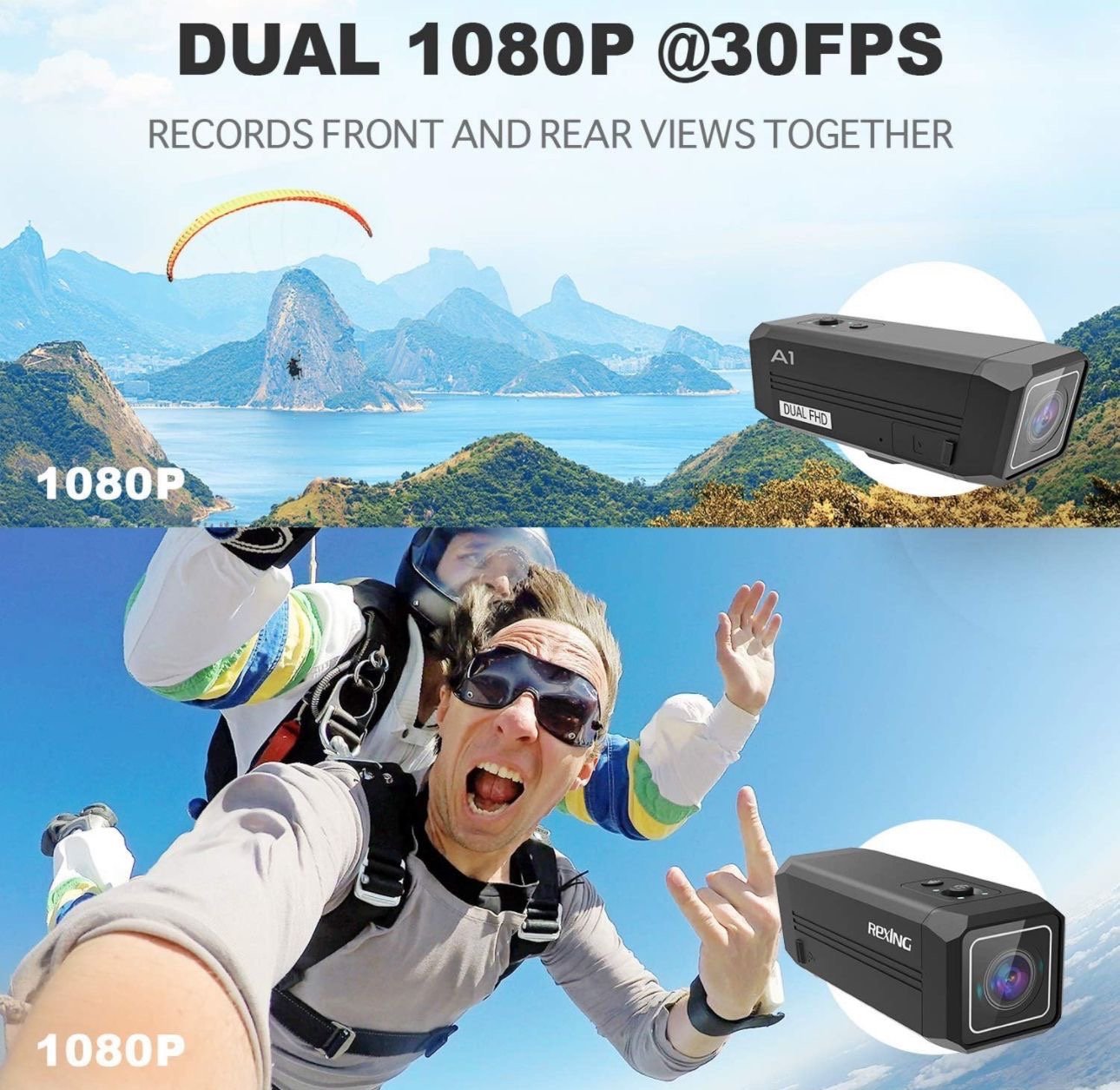 REXING A1 Two Way 2.7K Action Camera Front & Back 1080p@30fps w/WiFi/Wide Angle/