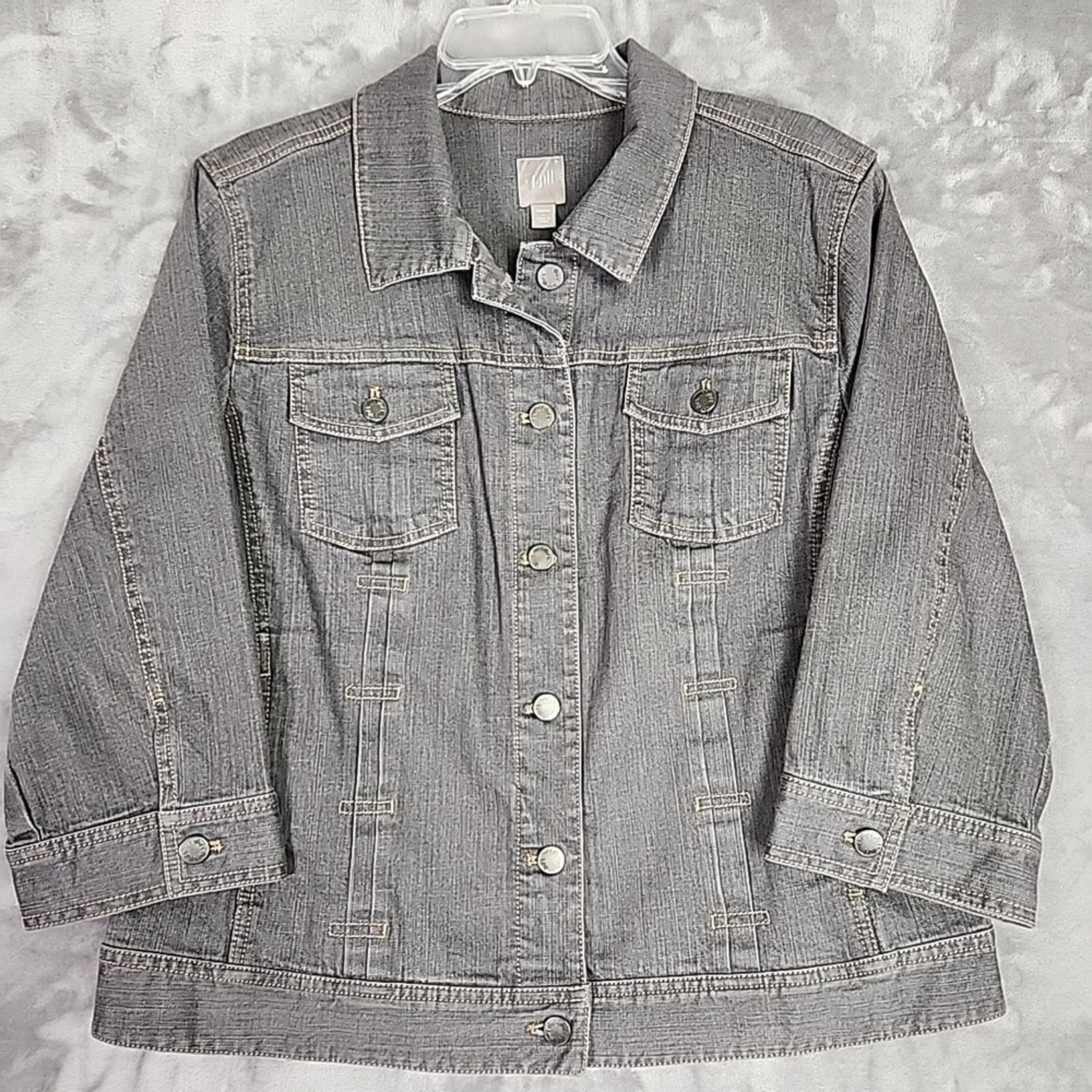 J Jill Jean Jacket Womens L Gray Denim Trucker 3/4 Sleeve Stretch Western Grunge