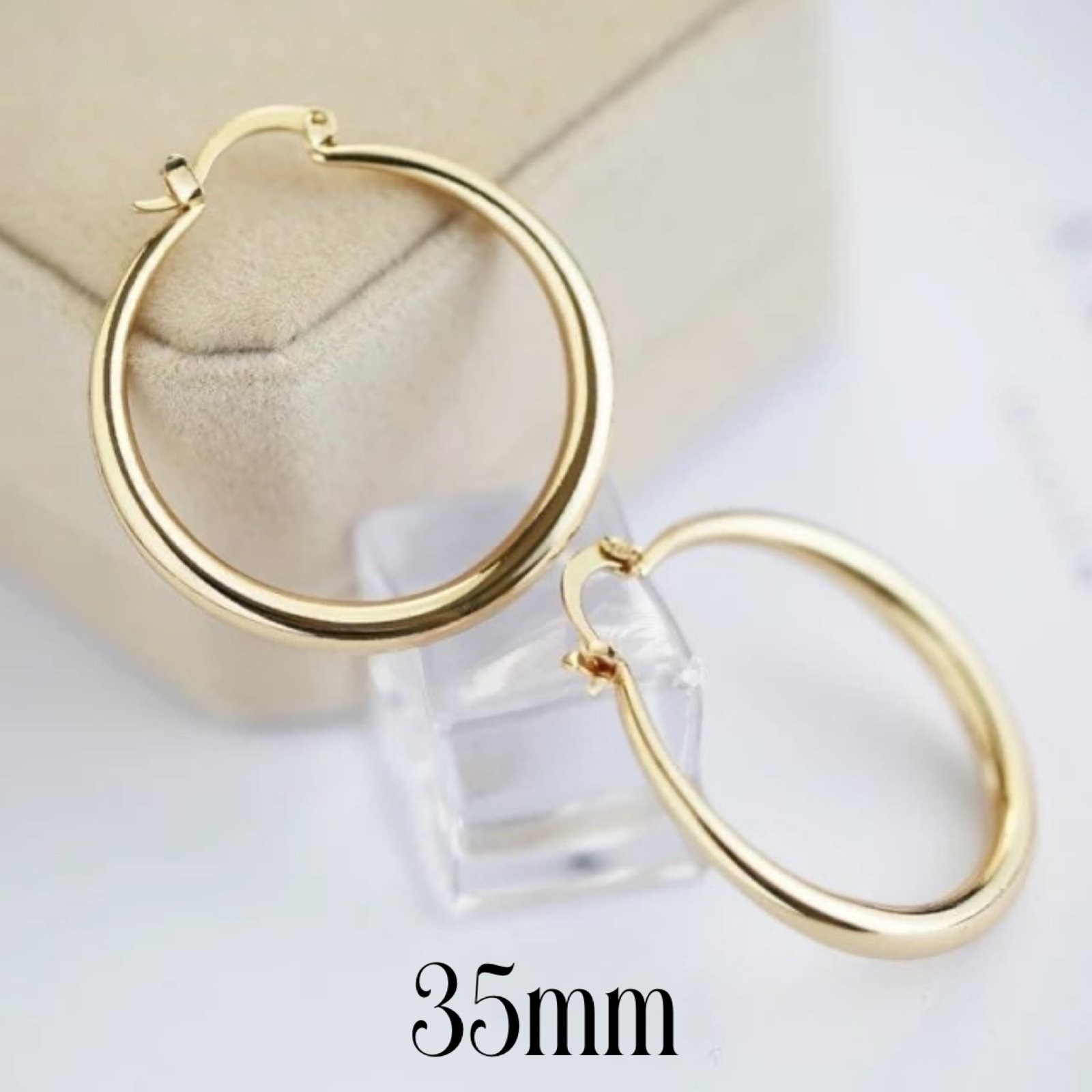 14K Yellow Gold Wide Bottom Drop Hoop Earrings, 35mm