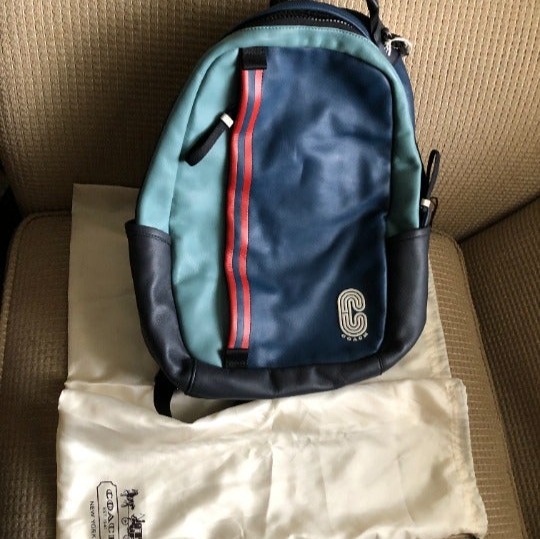 Coach Unisex Blue and Grey Leather Backpack.