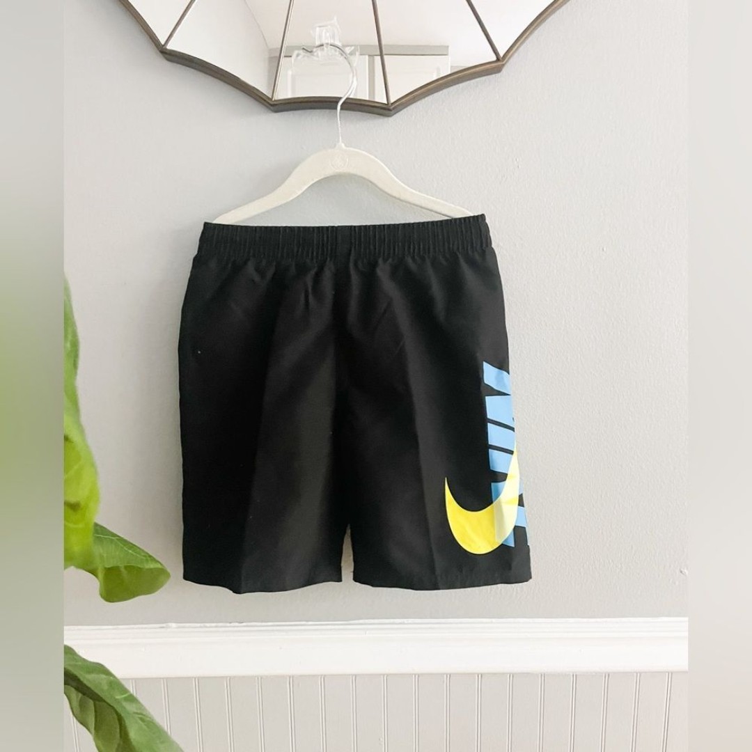NWOT Nike Logo Swim Shorts Boys Size Small Black Blue Yellow