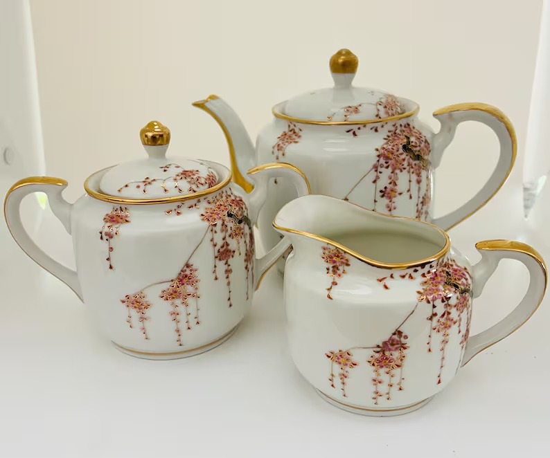 Soko China Japanese Tea Pot, Lidded Sugar, and Creamer Set - Hand Painted Weepin