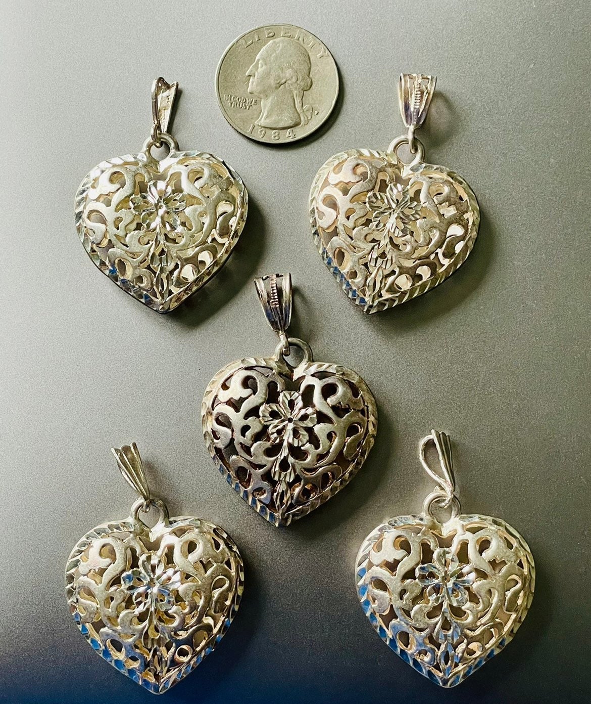 Bulk lot of 5 Sterling silver heart shaped charms