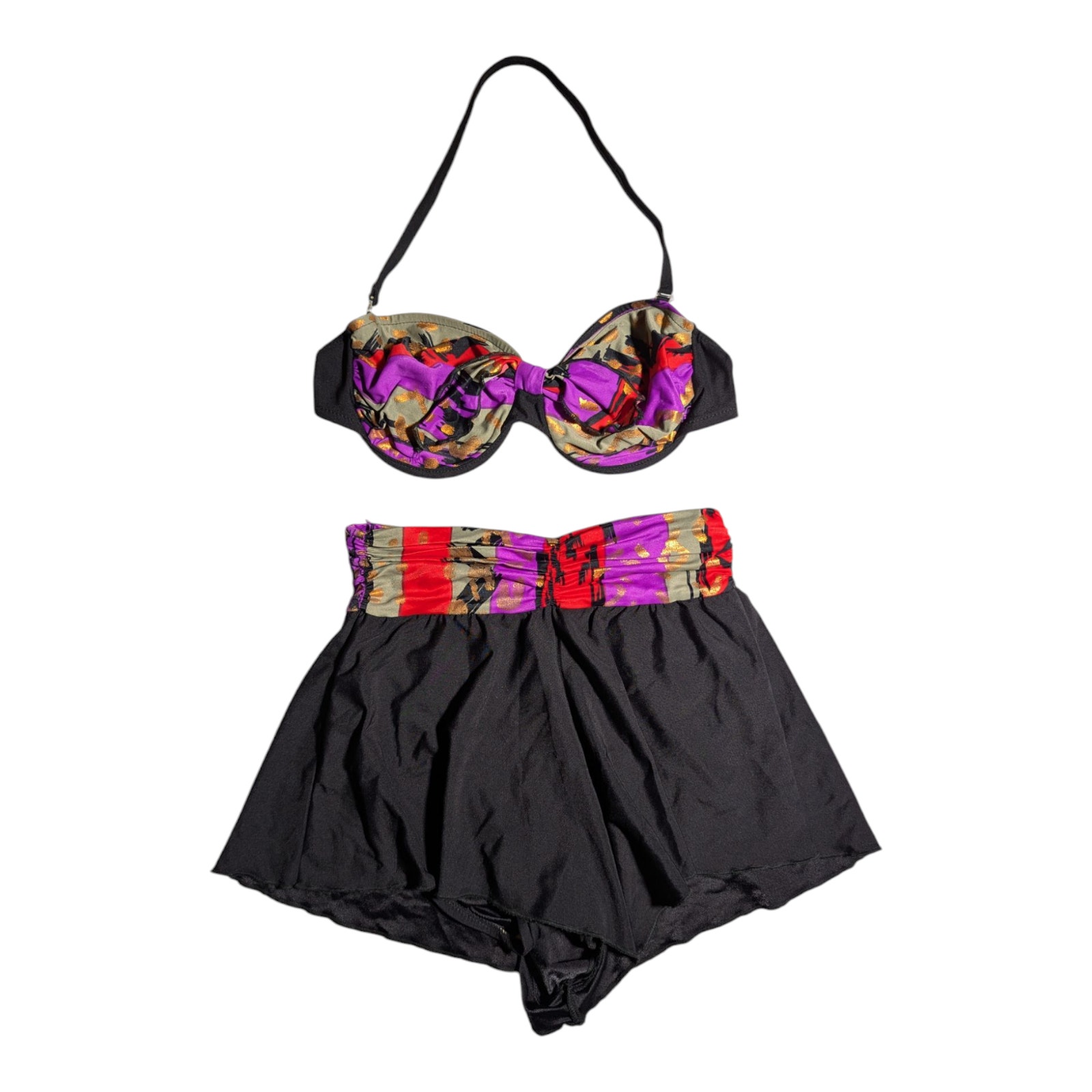 Vtg 1990s Carol Wior Black Purple Geometric Underwire Boy Shorts 2 Pc Bikini 8
