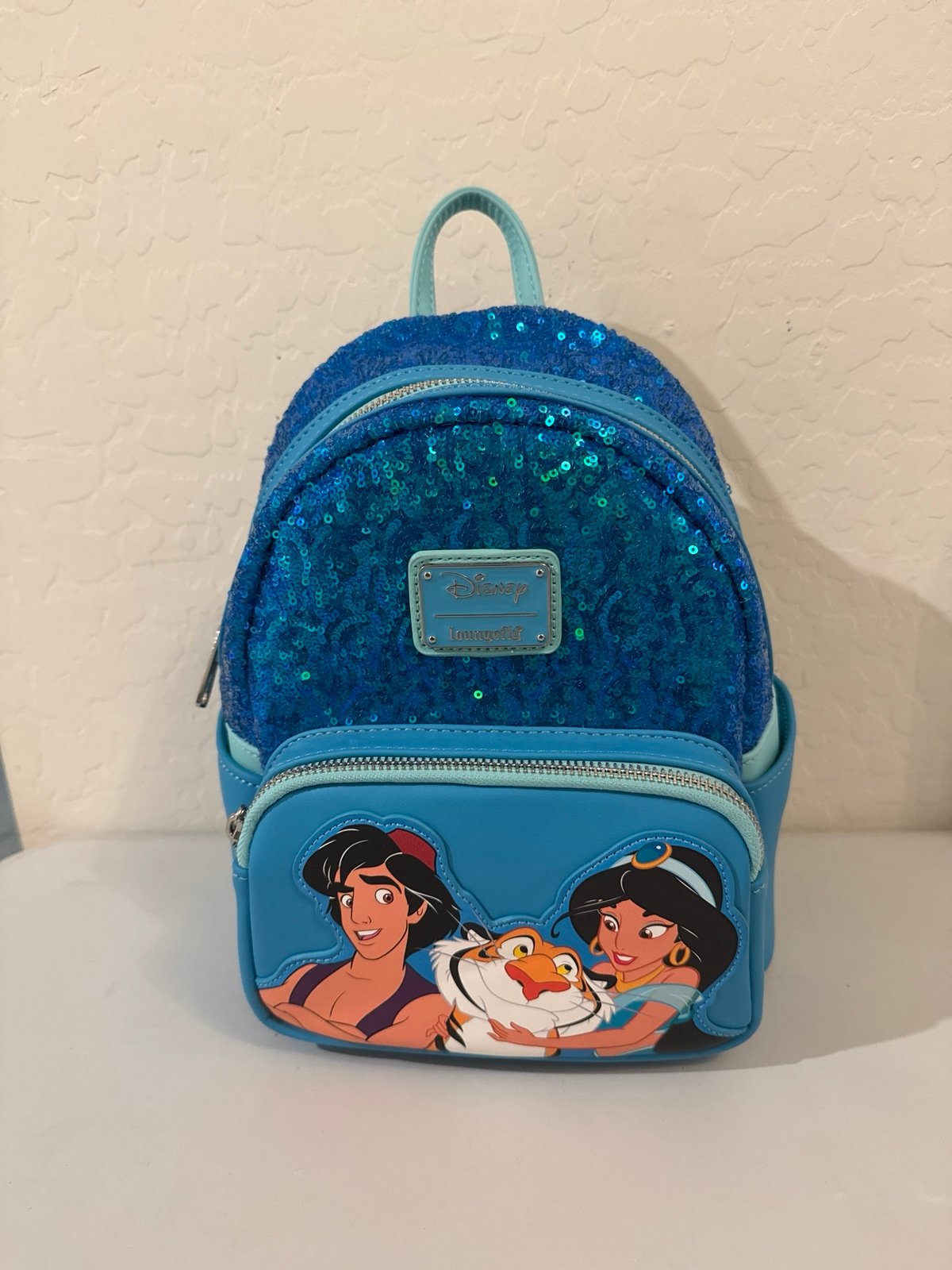 Loungefly Aladdin Jasmine and Rajah Blue Sequin Mini Backpack NWT