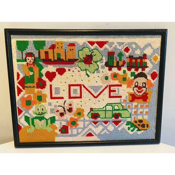 Vintage Needlepoint Embroidery Wall Hanging, Love Needlepoint Picture, Completed
