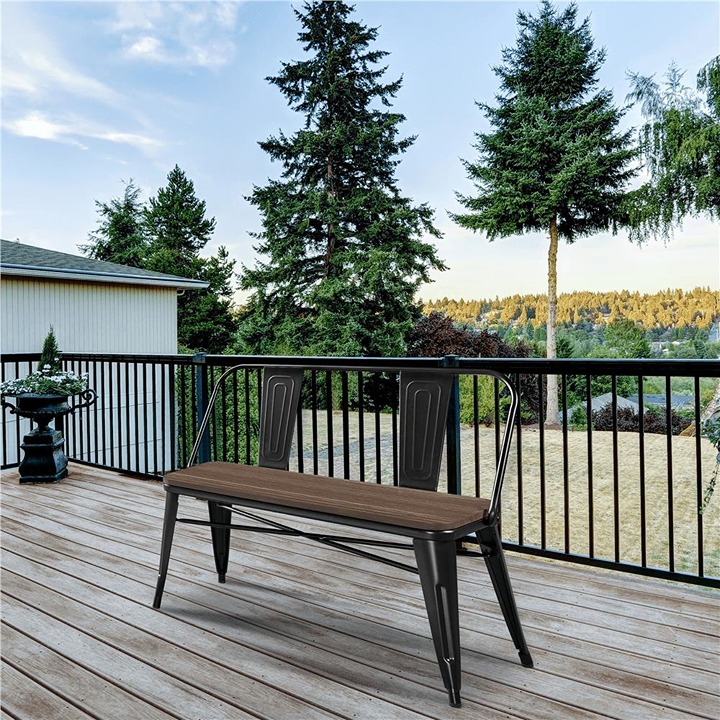 Industrial Metal Dining Bench with Wooden Top for Patio Kitchen Garden, Black