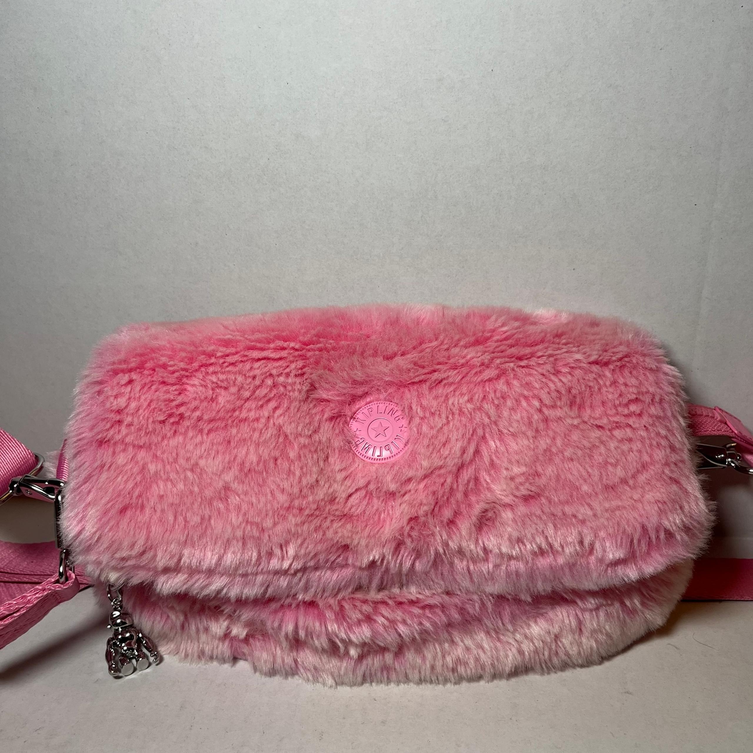Kipling Aras Furry Shoulder Bag Crossbody Teddy Pink With Monkey Metal Chain