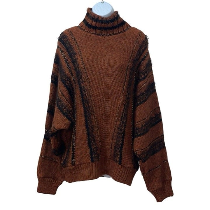 Topshop Sweater Womens 8-10 Brown Black Cowl Neck Wool Blend Metallic Thread Y2K