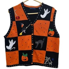 Karen Scott VTG Sweater Vest Halloween Embroidered Knit Top Sz XL Pumpkin Button