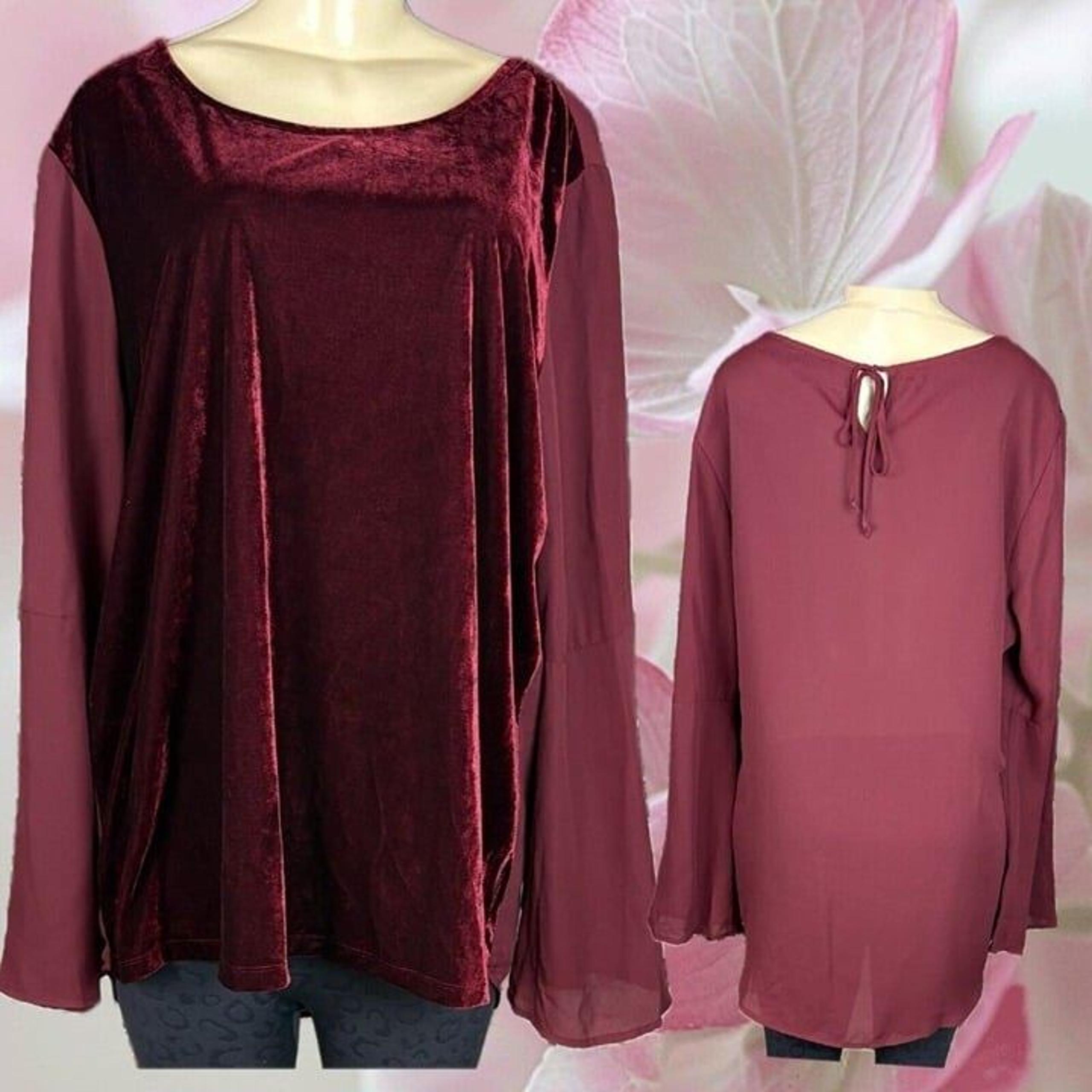 Fred David XXL Maroon Mixed Material Velour Front Long Sheer Sleeve Step-Hem Top