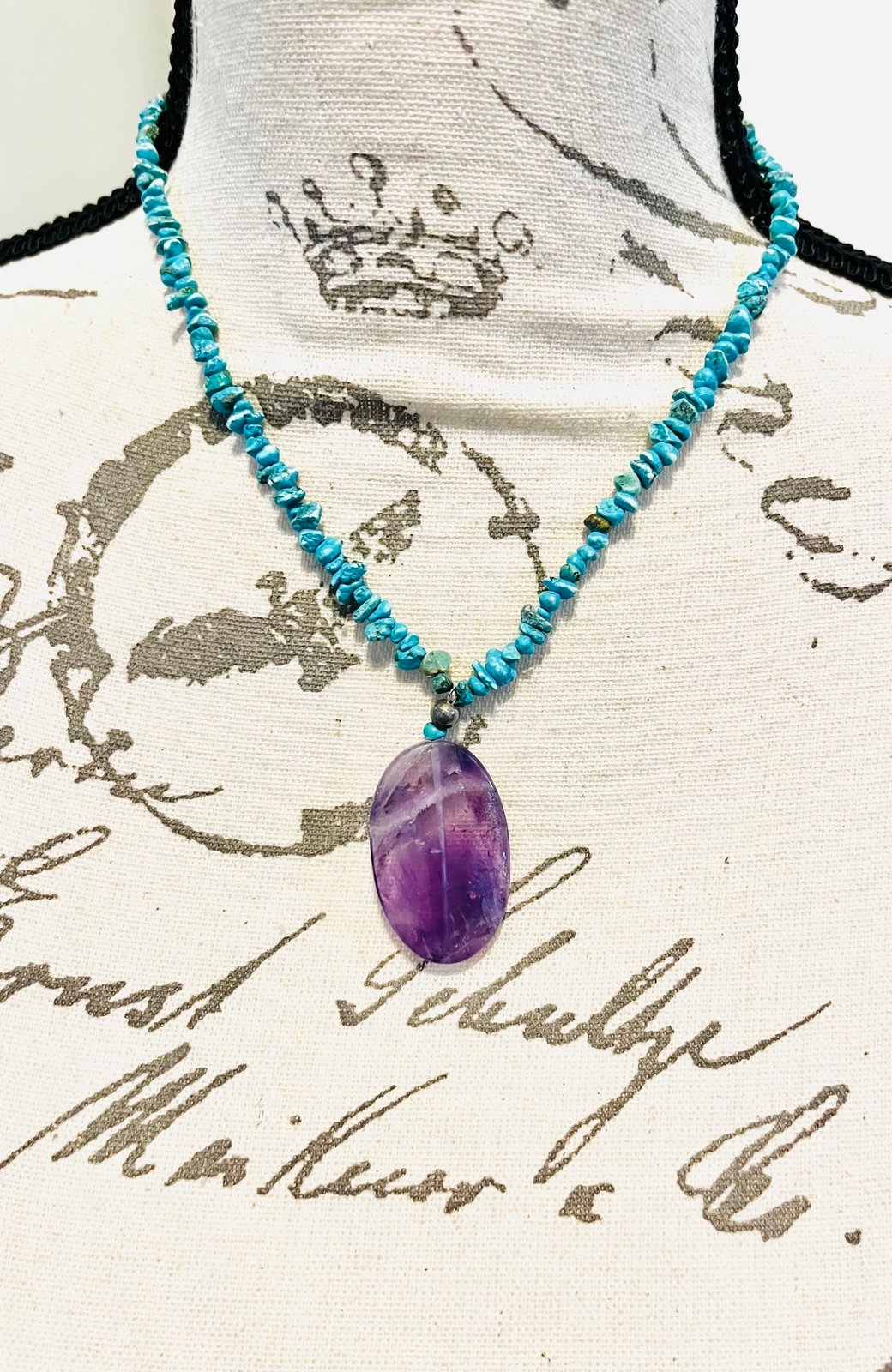 VINTAGE sterling silver 925 natural turquoise Necklace & large amethyst pendant