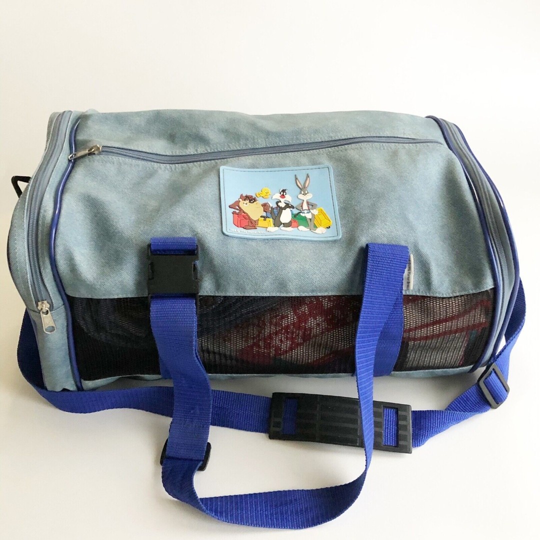 VTG 1996 Warners Bros Looney Tunes Duffle Bag Luggage Vinyl Denim Blue Straps
