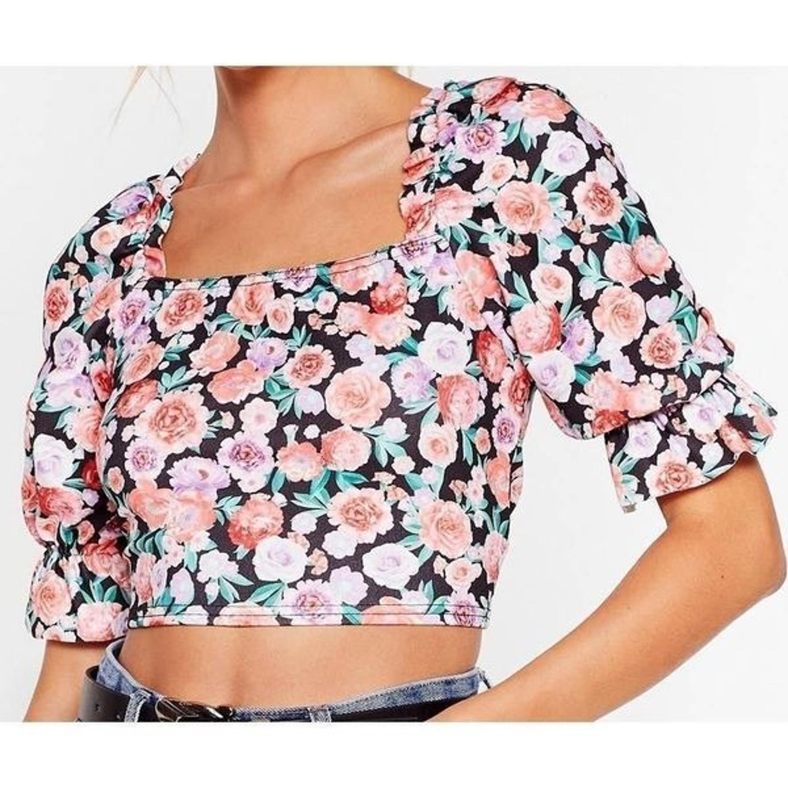 Nasty Gal Floral Ruffle Square Neck Crop Top Blouse Raw Hem Size 8