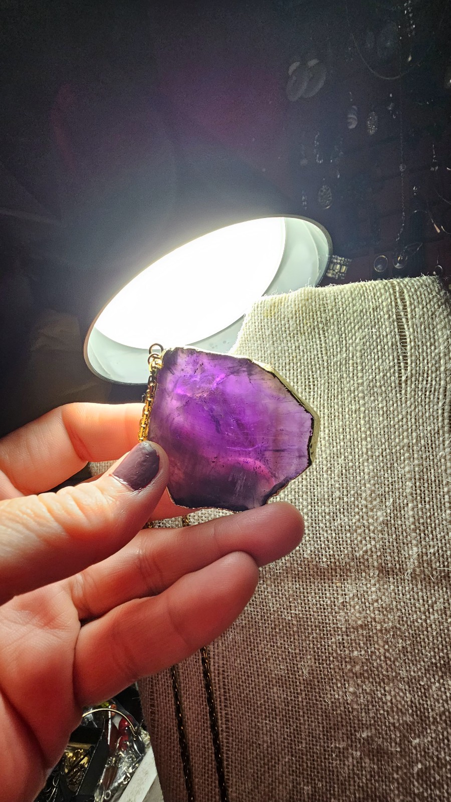 Big natural amethyst crystal wraped in 14 k on a vintage monet gold chain