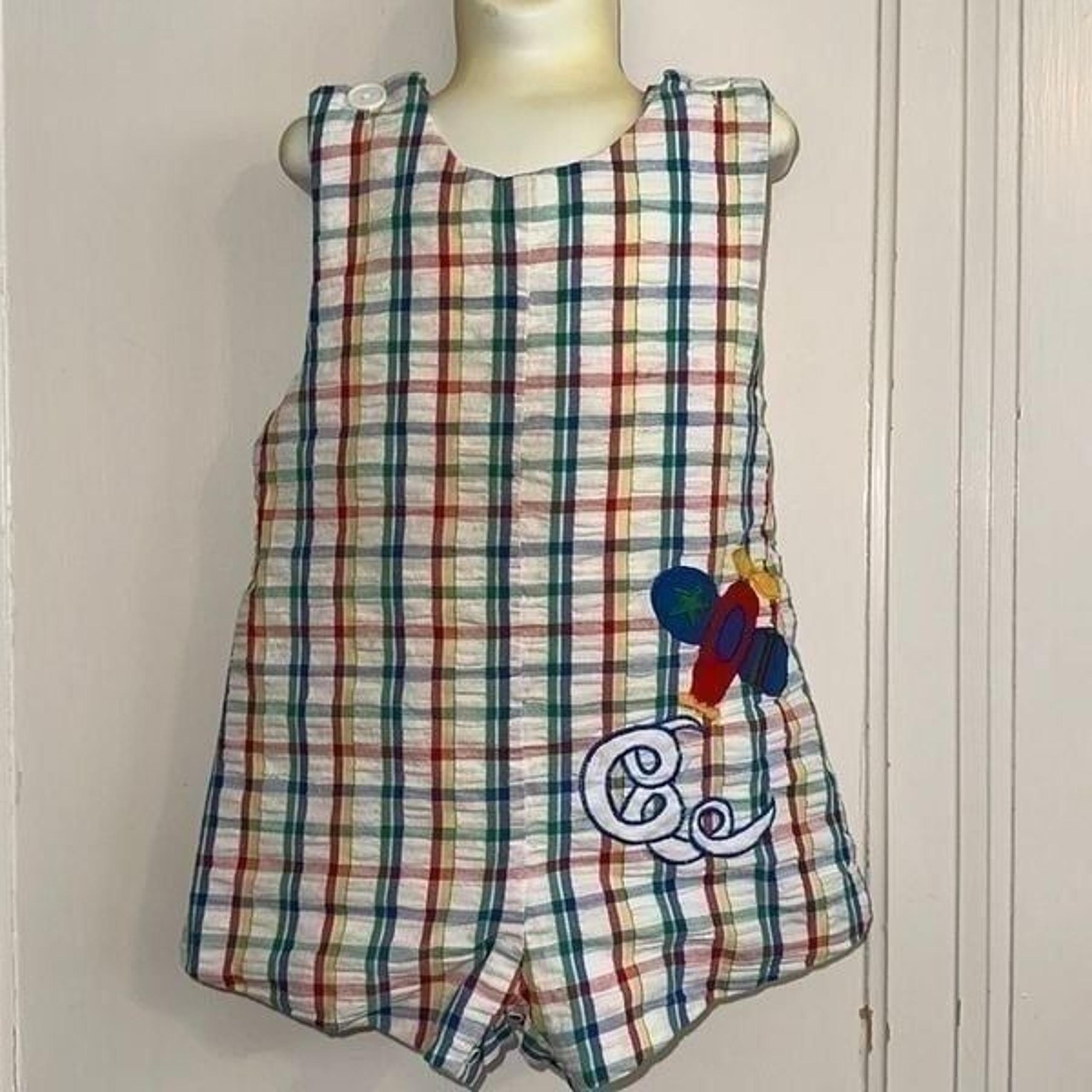Vtg Samara plaid madras cloth summer romper/shortalls with embroidered airplane