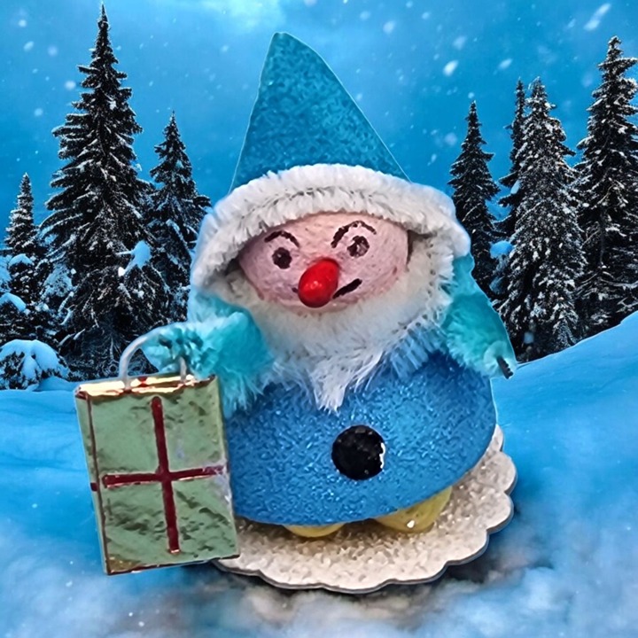 Vintage Blue Putz Elf Spun Cotton Ornament With Mica & Foil Gift From Japan