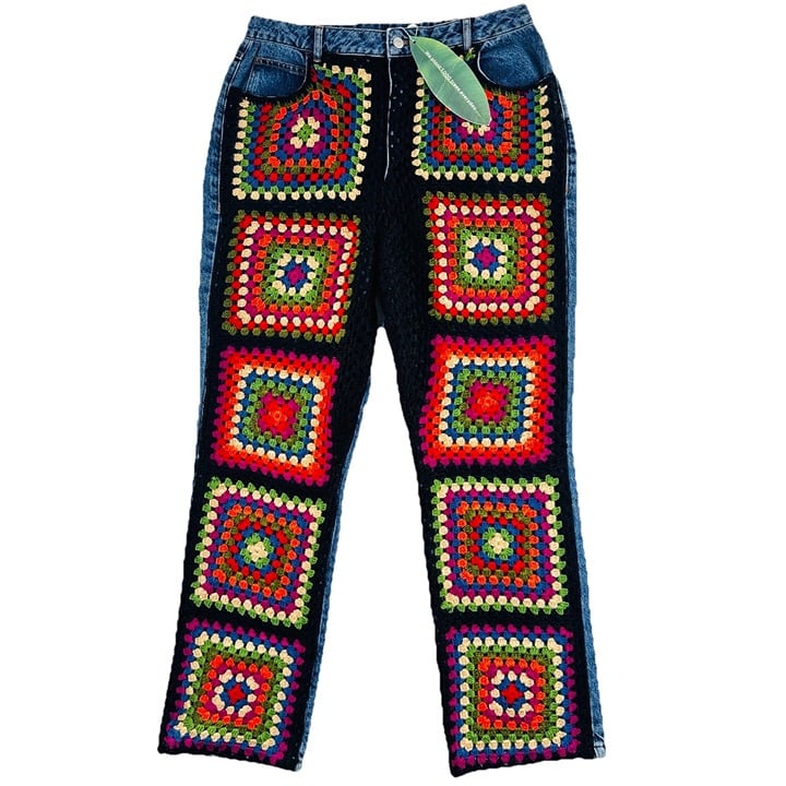 Farm Rio Women’s XL Crochet Squares Denim Jeans Ultra High Rise Baggy Handmade