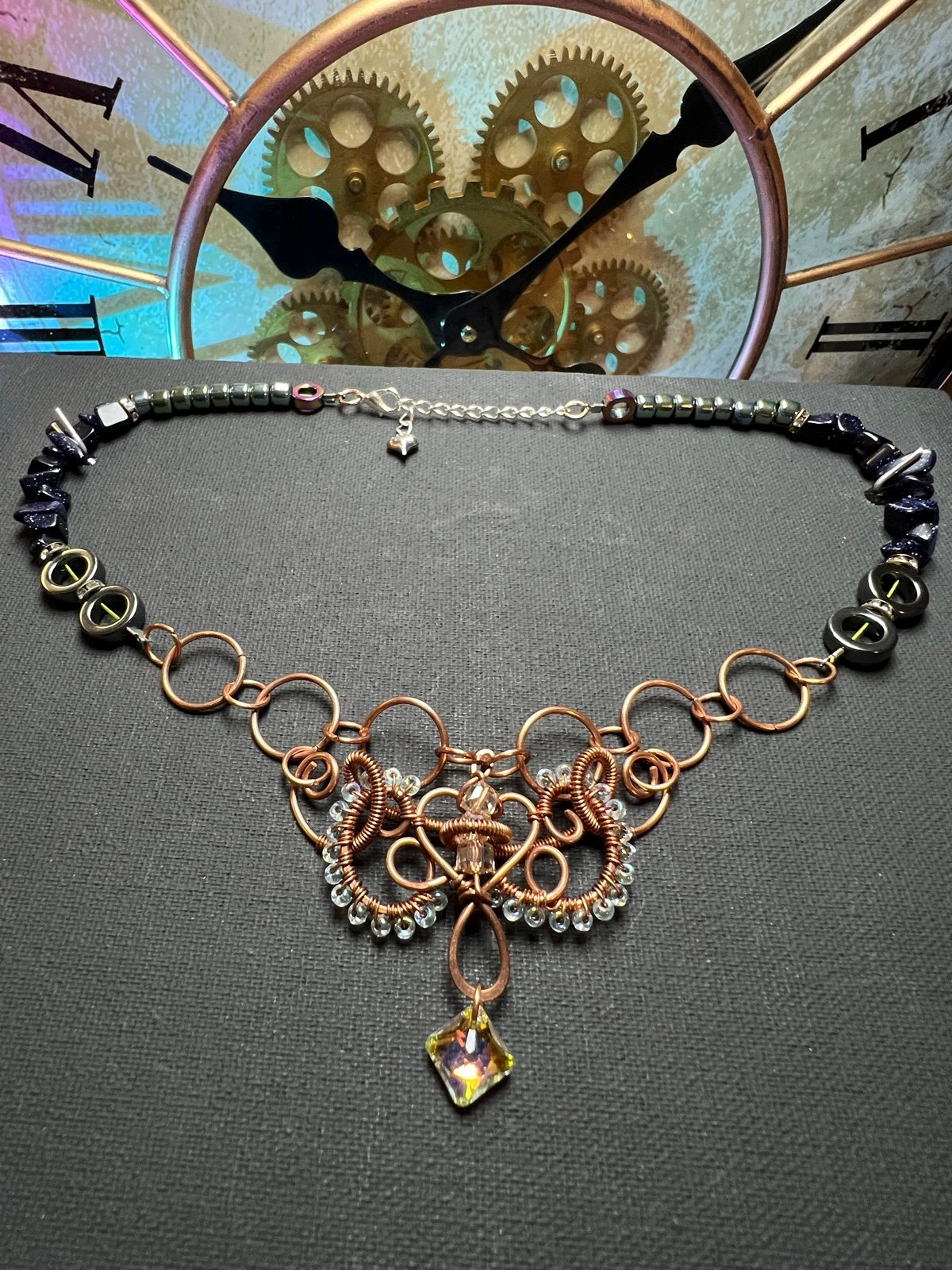 Chained copper bib blue sand stone rainbow hematite necklace