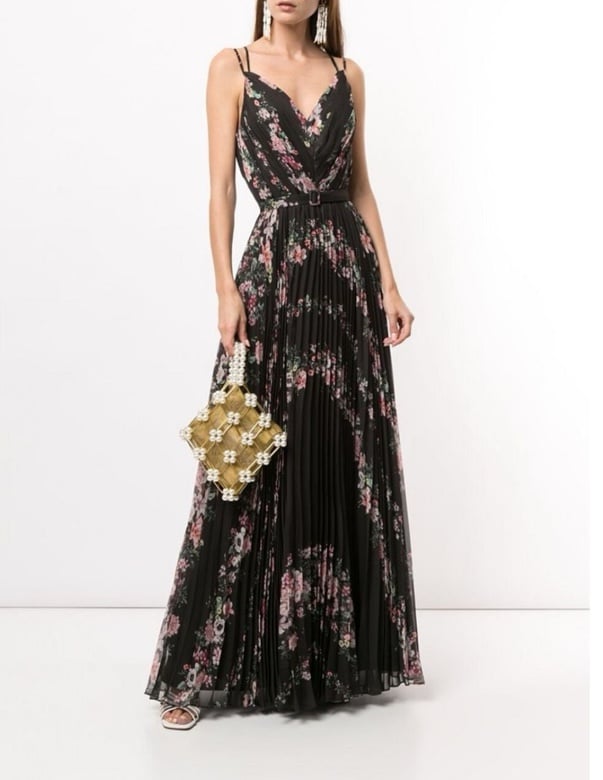 NWT Marchesa Notte Pleated Floral-Print Chiffon Dress