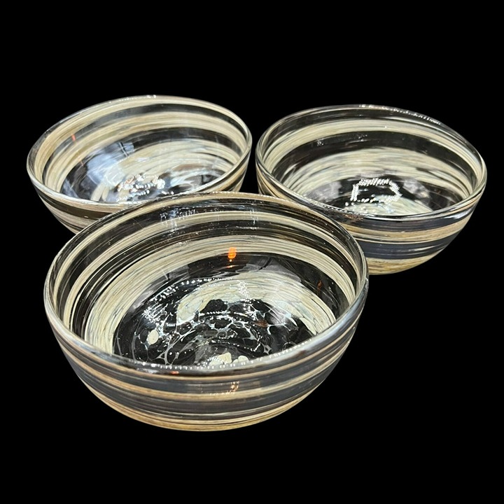 3 STUNNING Hand Blown Art Glass Bowls Cream Gold Iridescent Brown Swirl 6 x 3”
