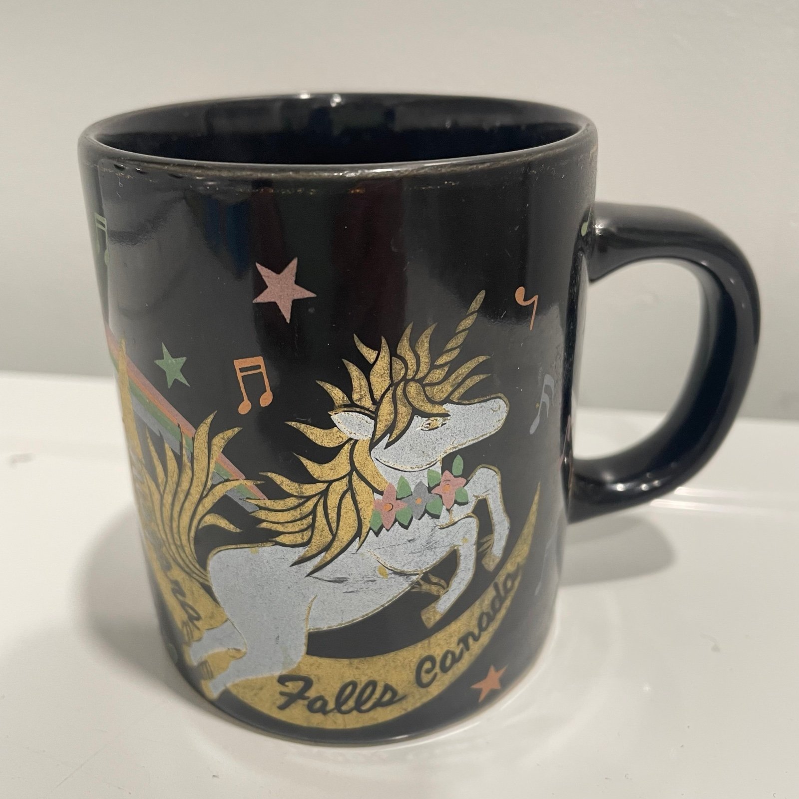 Vintage Souvenir Unicorn Niagara Falls Canada Coffee Cup Mug Rainbow Black Japan