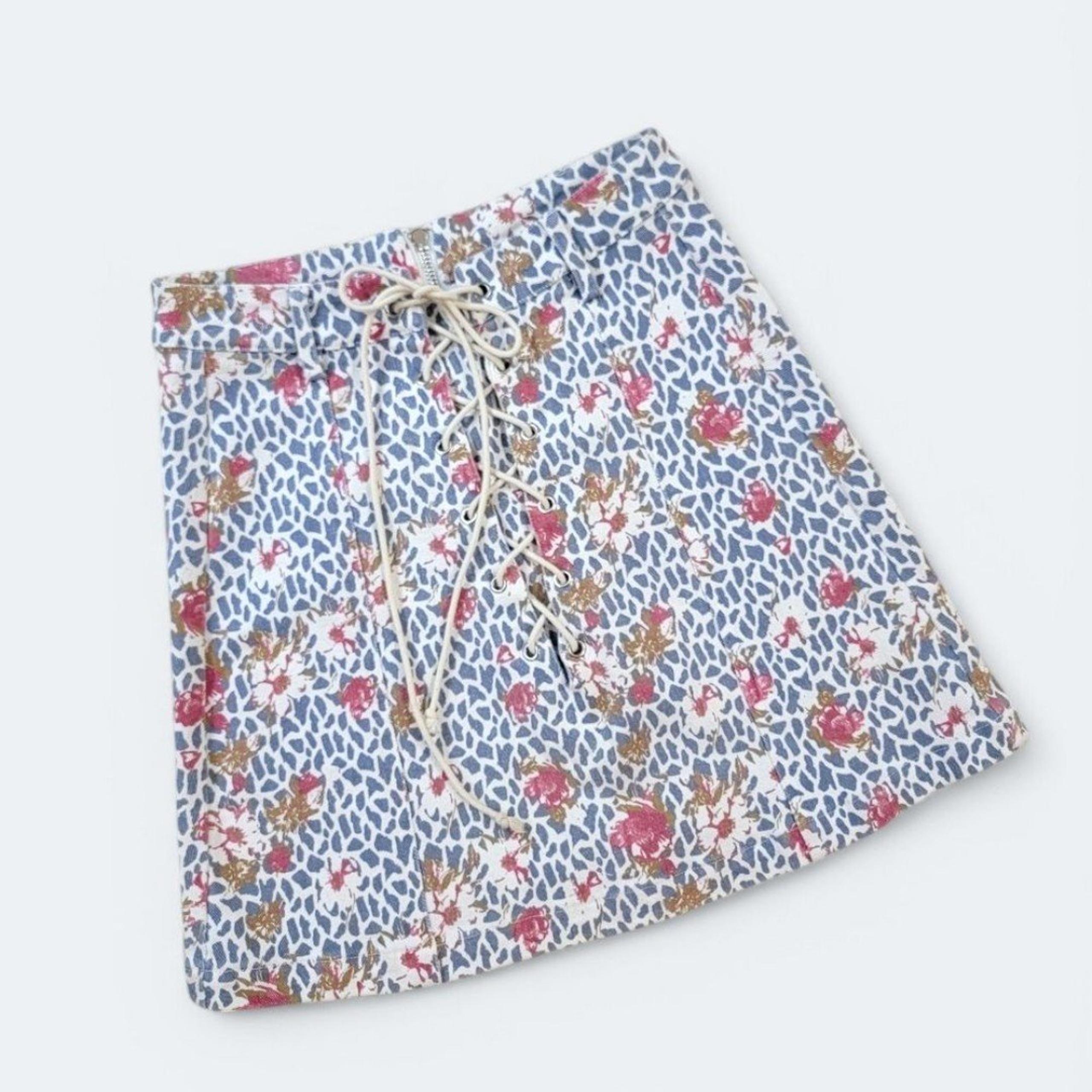 Umgee Denim Floral Animal Print Skirt with Drawstring Lace Up Size Small