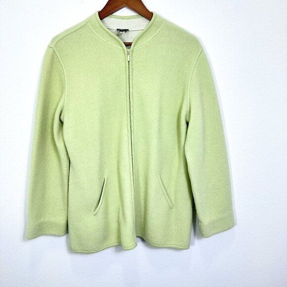 Eileen Fisher Light Green Felted Lambswool Zip Up Sweater Coat Size Med
