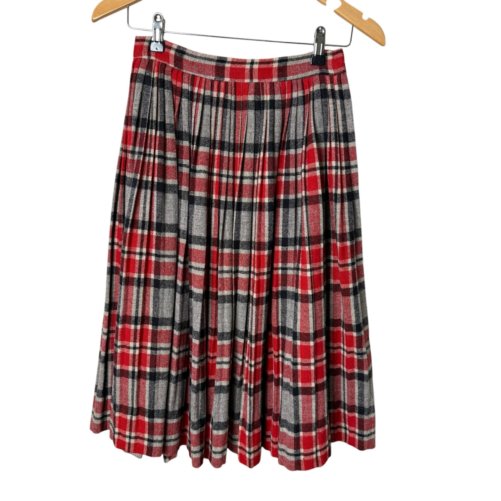 Vintage 70s Wool Pleated Skirt Red Gray Plaid Tartan High Waist, Size Small